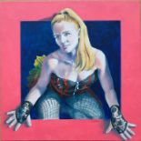 "Enchantee 1", framed oil on box canvas, 40 x 40cm, c. 2020. Burlesque dancer Enchantee se Soir