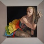 "Enchantee 3", framed oil on box canvas, 50 x 50cm, c. 2020. Enchantee breaks the frame with