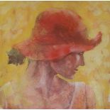 "The Red Hat (warm)", framed acrylic on paper, 20 x 20cm, c. 2019. My friend Snezna's red sunhat was