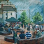 "Doncaster Market", acrylic on canvas, 40 x 40cm, c. 2012. Taking a break from shopping in the