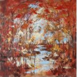 "Autumn Spirit", framed acrylic on box canvas, 76 x 76cm, c. 2015. Pareidolia - seeing faces in