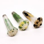 A group of three unusual 1920's French hand painted glass talcum powder shakers in the form of