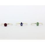 Three 925 silver stacking rings set with a ruby, sapphire and emerald, (P.5)