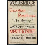 A large framed 1945 advertising poster for the sale of a Georgian residence known as 'The