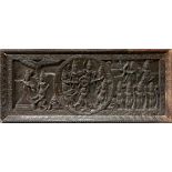 A large Indonesian carved wooden story panel, 104 x 44 x 6cm.