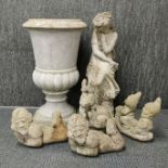 A vintage concrete garden urn, H. 62cm with concrete figure and group of gnomes.