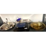 A quantity of silver plate and brass items.