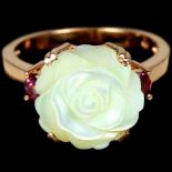 A 925 silver rose gold gilt ring set with carved mother of pearl and tourmaline set shoulders, (N.