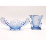 Two Art Deco blue glass table centrepieces by Brockwitz, bowl W. 38cm.