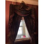 Two superb pairs of heavy quality lined aubergine velvet drapes with swags, pelmet W. 148cm,