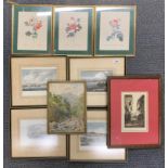 A group of framed engravings and prints with a framed watercolour, largest frame 33 x 43cm.