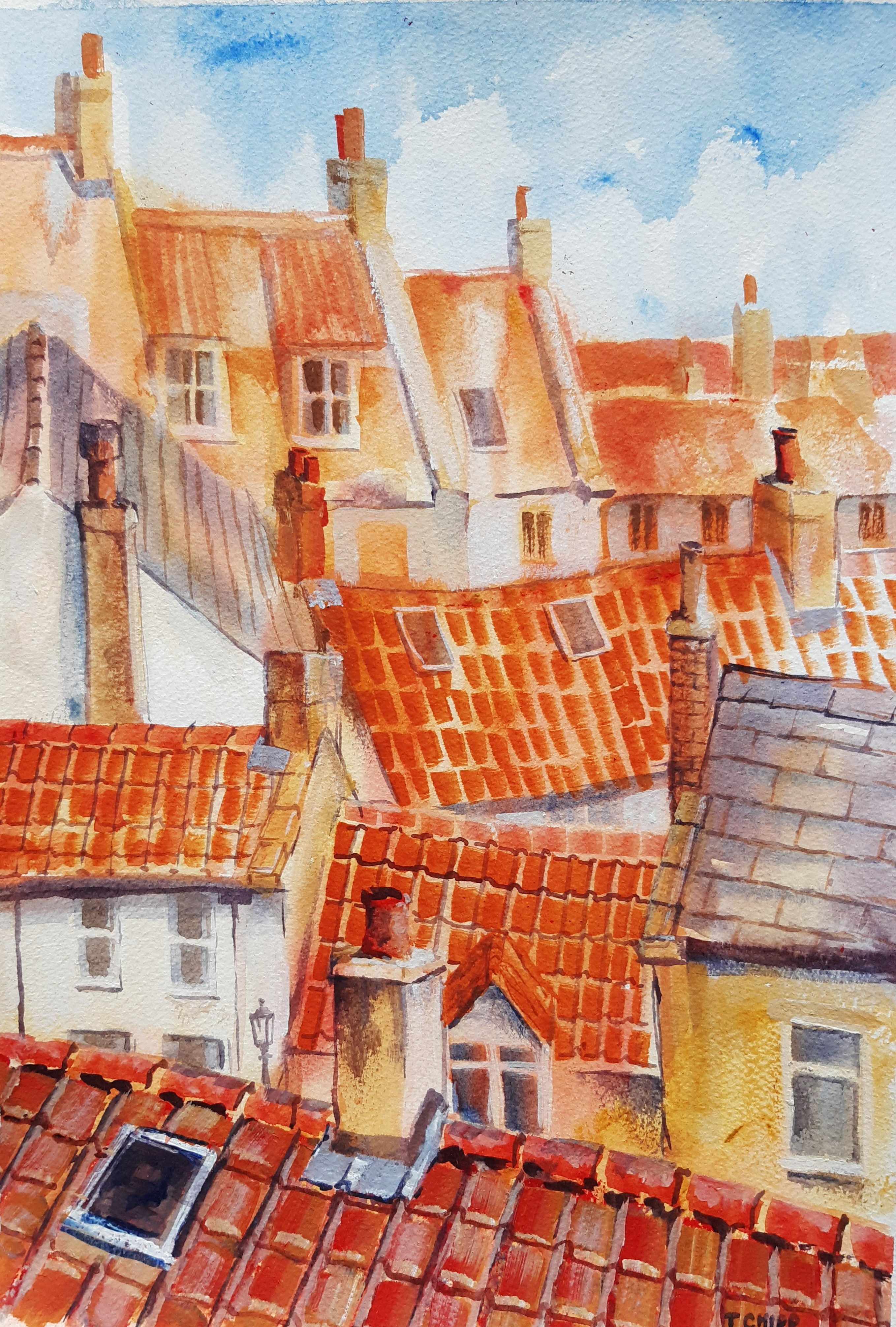 Terry Chipp, "Staithes Rooftops 1", acrylic on paper, 39cm x 27cm, c. 2017. A jumble of rooftops