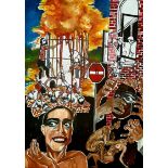 Melissa Wright Katongola, "Apocalypse", acrylic collage, 75 x 100cm, c. 2020. Apocalypse refers to