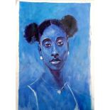 Popoola Nurudeen, "In blue", acrylic on canvas, 57 x 92cm, c. 2021. Blue is a colour of