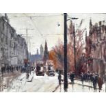 Ian Layton, "Princess Street Edinburgh", oil on board, 30 x 23cm, c. 2022. This is a painting of