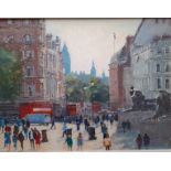 Ian Layton, "Trafalgar square", oil on board, 36 x 46cm, c. 2022. This is a painting of a scene in