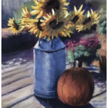 Laurie Basham, "Sunflowers and Pumpkin", soft pastel, 23 x 23cm, c. 2020. Pastel on paper of
