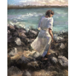 Laurie Basham, "Walk on the Shore", soft pastel, 23 x 23cm, c. 2022. Pastel painting of a woman