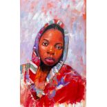 Popoola Nurudeen, "Wrapped in red scarf", acrylic on canvas, 57 x 92cm, c. 2022. The painting