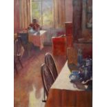 Ian Layton, "Breakfast room", oil on board, 30 x 41cm, c. 2022. A painting of everyday life