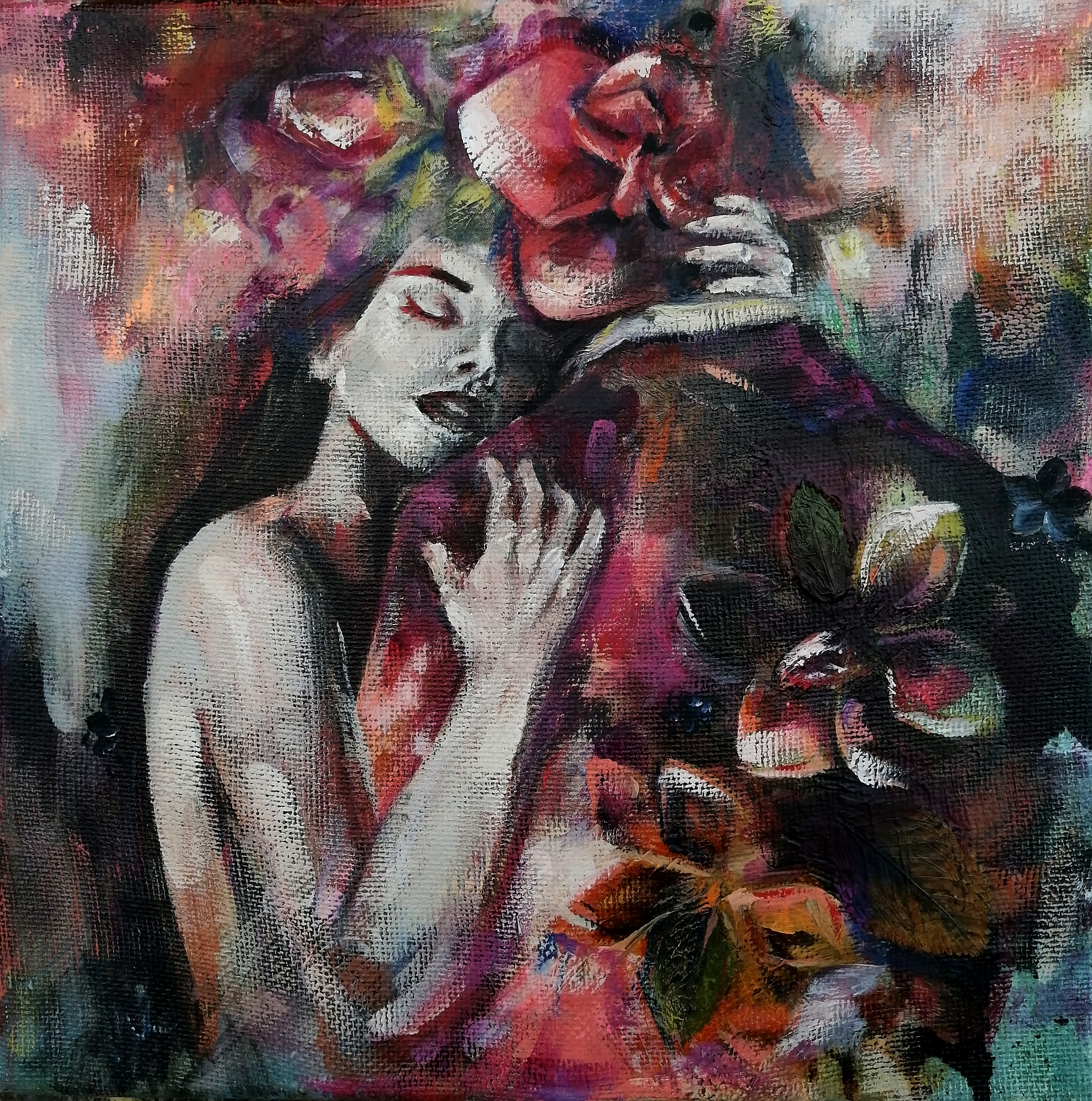 Alicja Mielczarek, "Embrace the moment", mixed-media and oil on canvas, 20 x 20cm, c. 2022. We don't