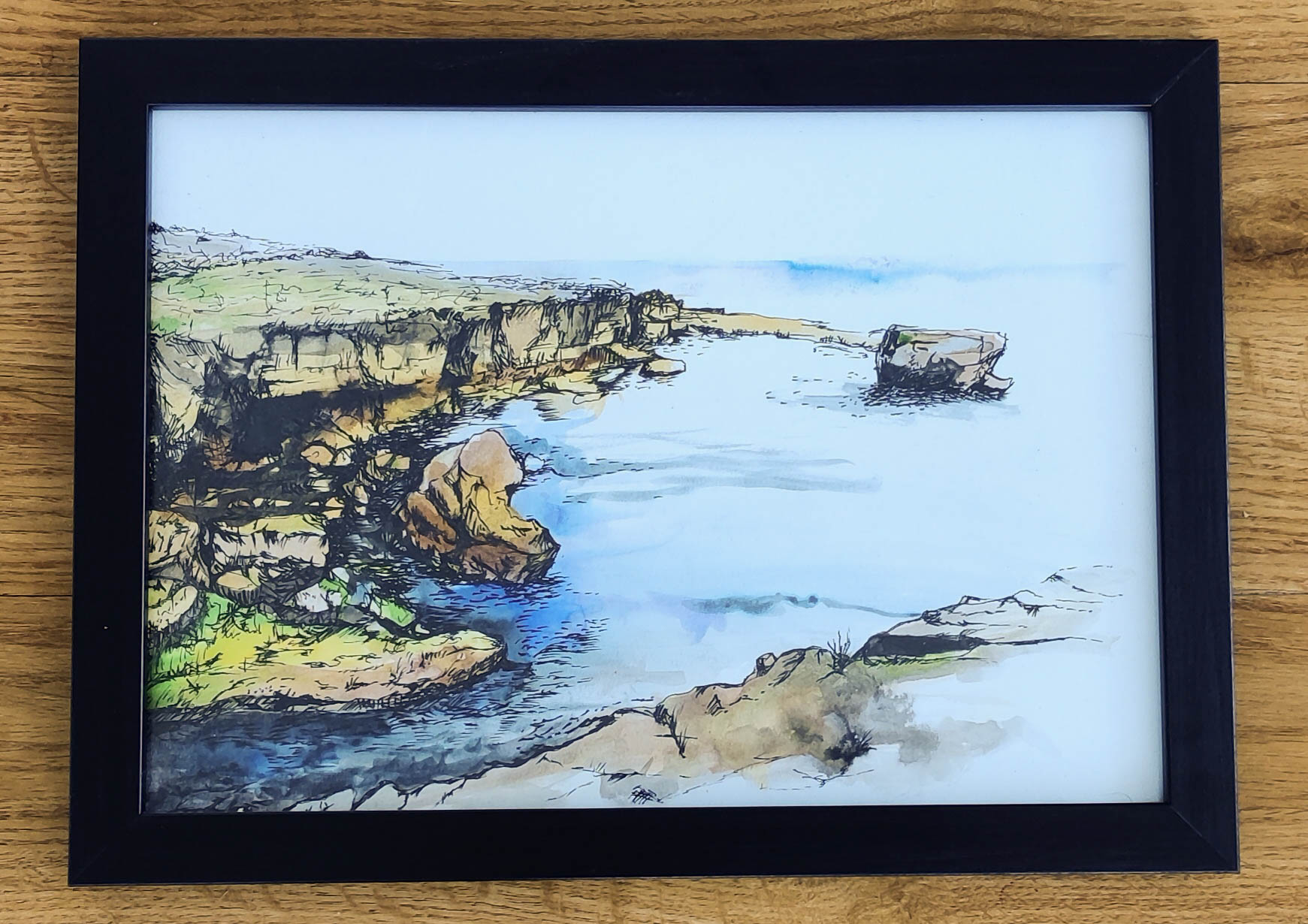 Tin Stanton, "Cornish Coast", ink on card, 25 x 33cm, c. 2020. A small slice of Cornish Coast.