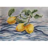 Delnara, "Lemons on a striped towel - Mediterranean still life", watercolour, 54 x 38cm, c. 2021.