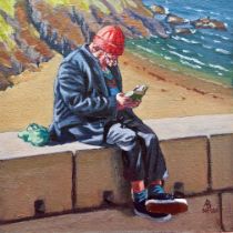 Alix Baker, "Book Club for One", acrylic on board, 15 x 15cm, c. 2020. I spotted this solitary man