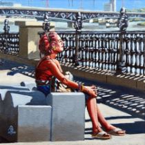Alix Baker, "South Bank sunbather", oil on board, 20 x 20cm, c. 2016. I saw this person when I was