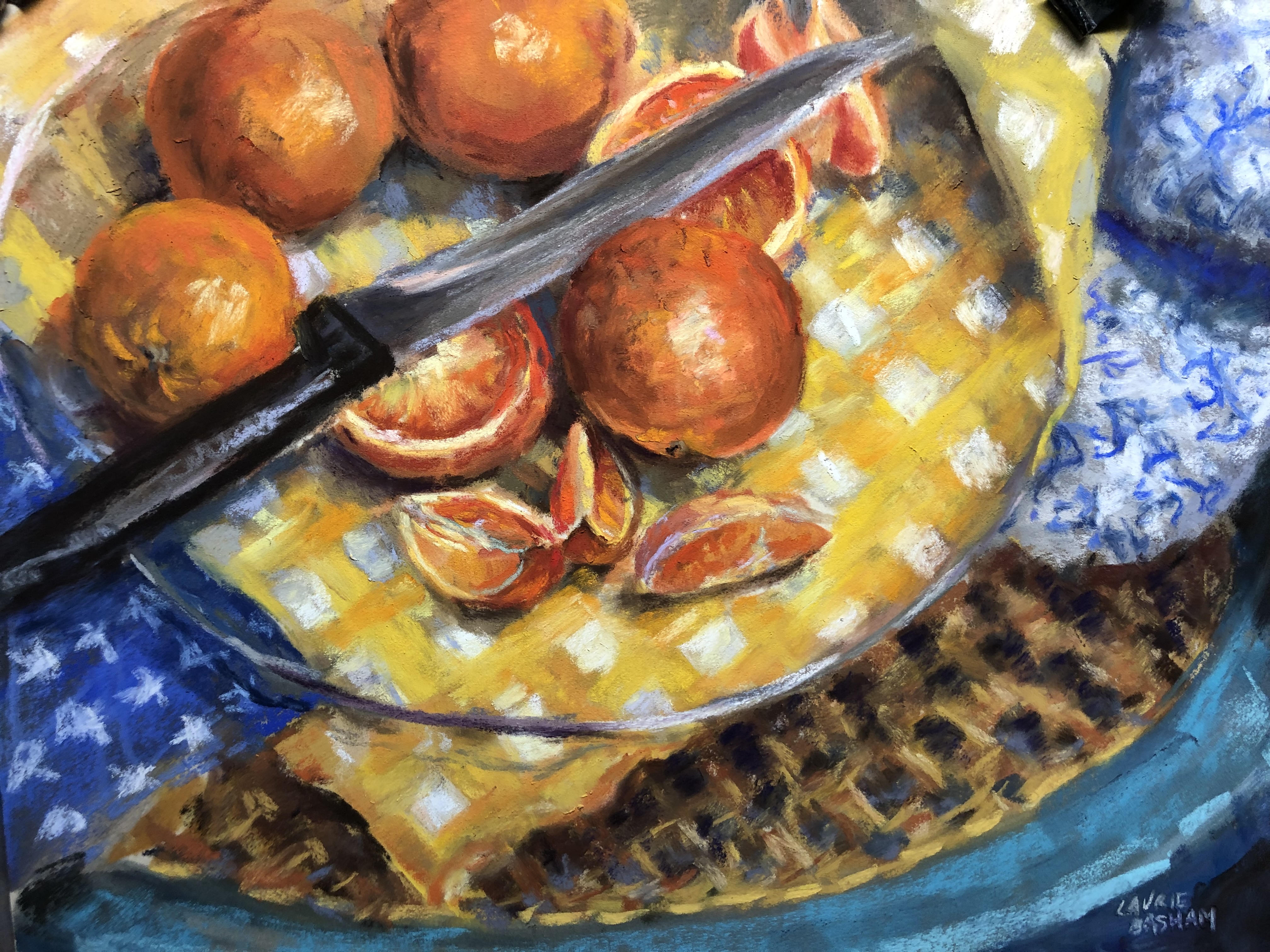 Laurie Basham, "Oranges and Checks", pastel on paper, 30.5 x 23cm, c. 2022. Pastel still life of