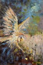 Em Hoten, "Barnfields Owl", oil on canvas, 40 x 60cm, c. 2021. As dusk starts to draw in, the owl'