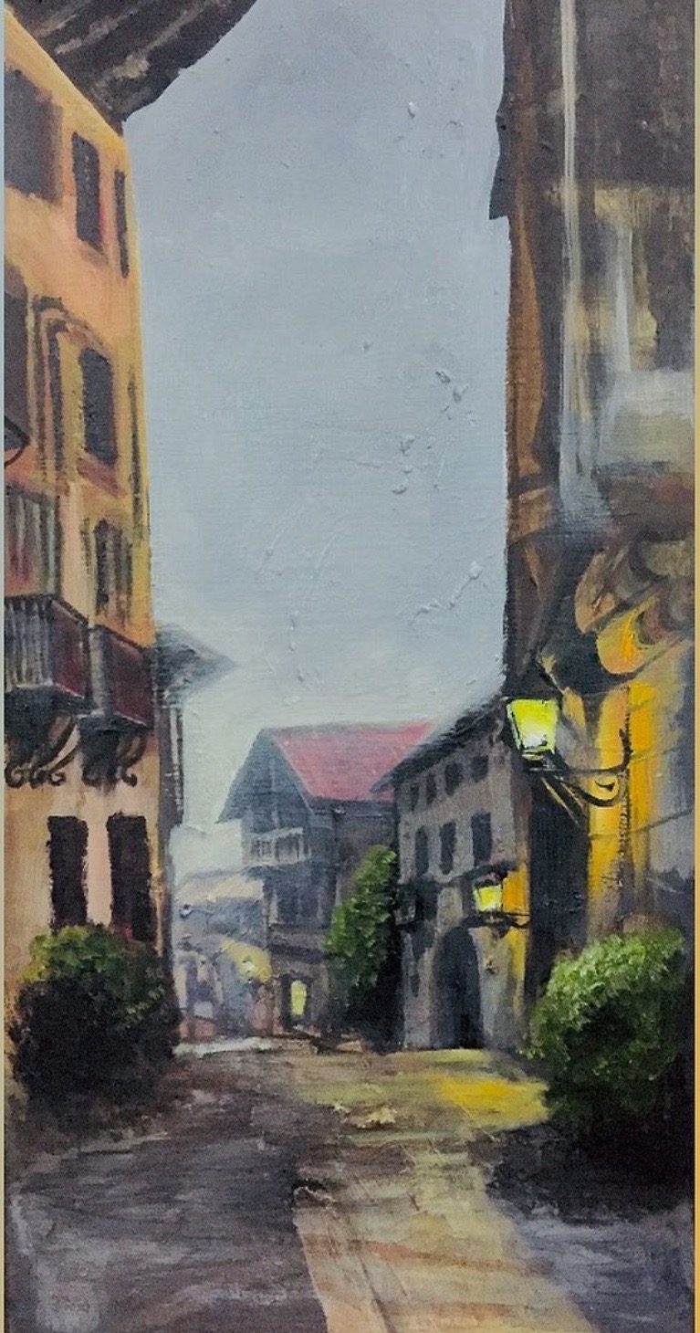 Ayomide Joshua, "Haze", acrylic on canvas, 25 x 25cm, c. 2020. A street filled with haze and an