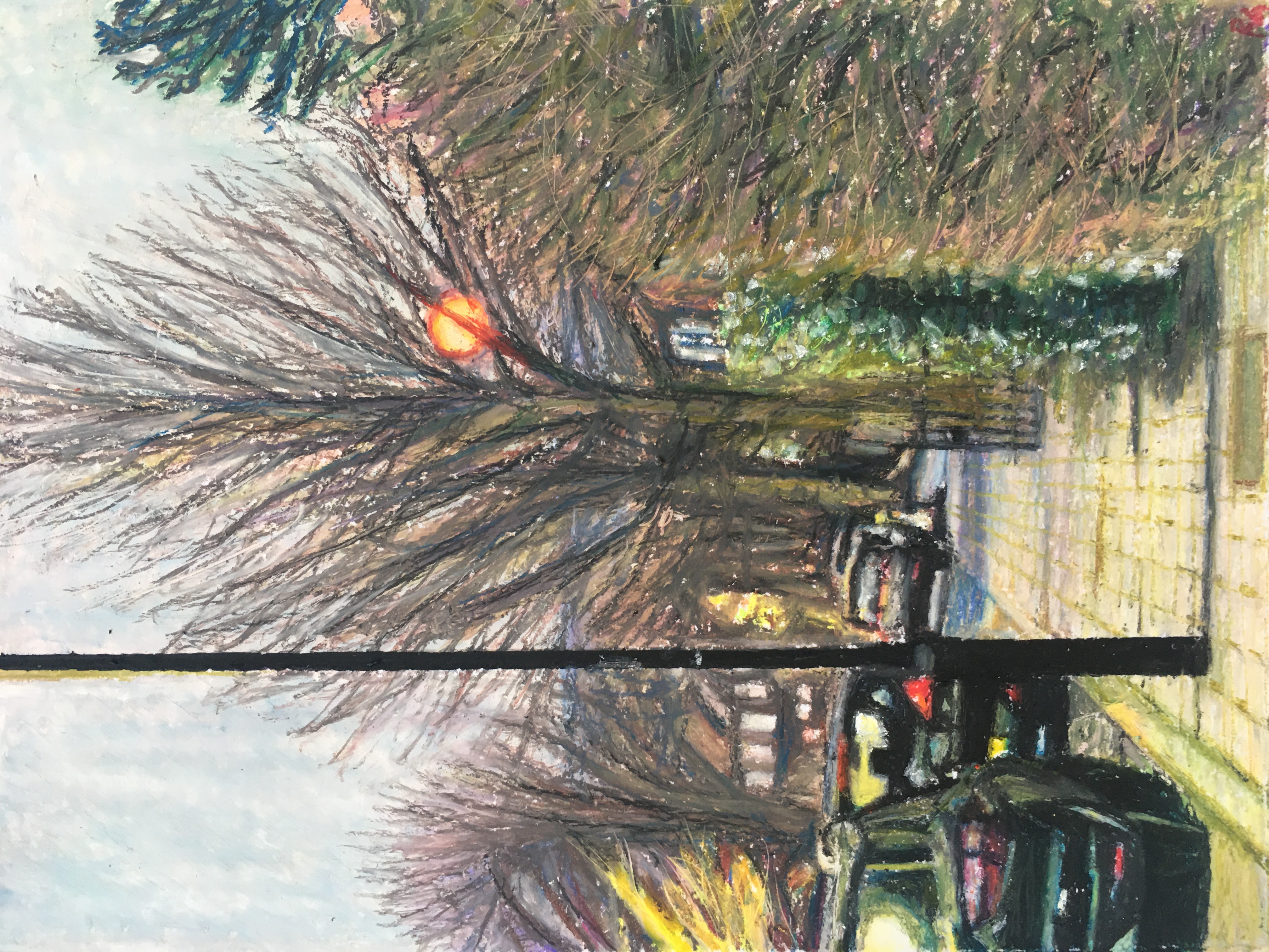 Rebecca Annan, "Moonlit Street in South London", oil pastel on sennelier card, 15 x 20cm, c. 2021.