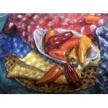 Laurie Basham, "Peppers and Checks", pastel on paper, 30.5 x 23cm, c. 2022. Pastel still life