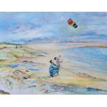 Myrna Higgins, "Father and Son Bonding", oil on canvas, 92 x 62cm, c. 2021. Lets Go Fly a Kite! UK