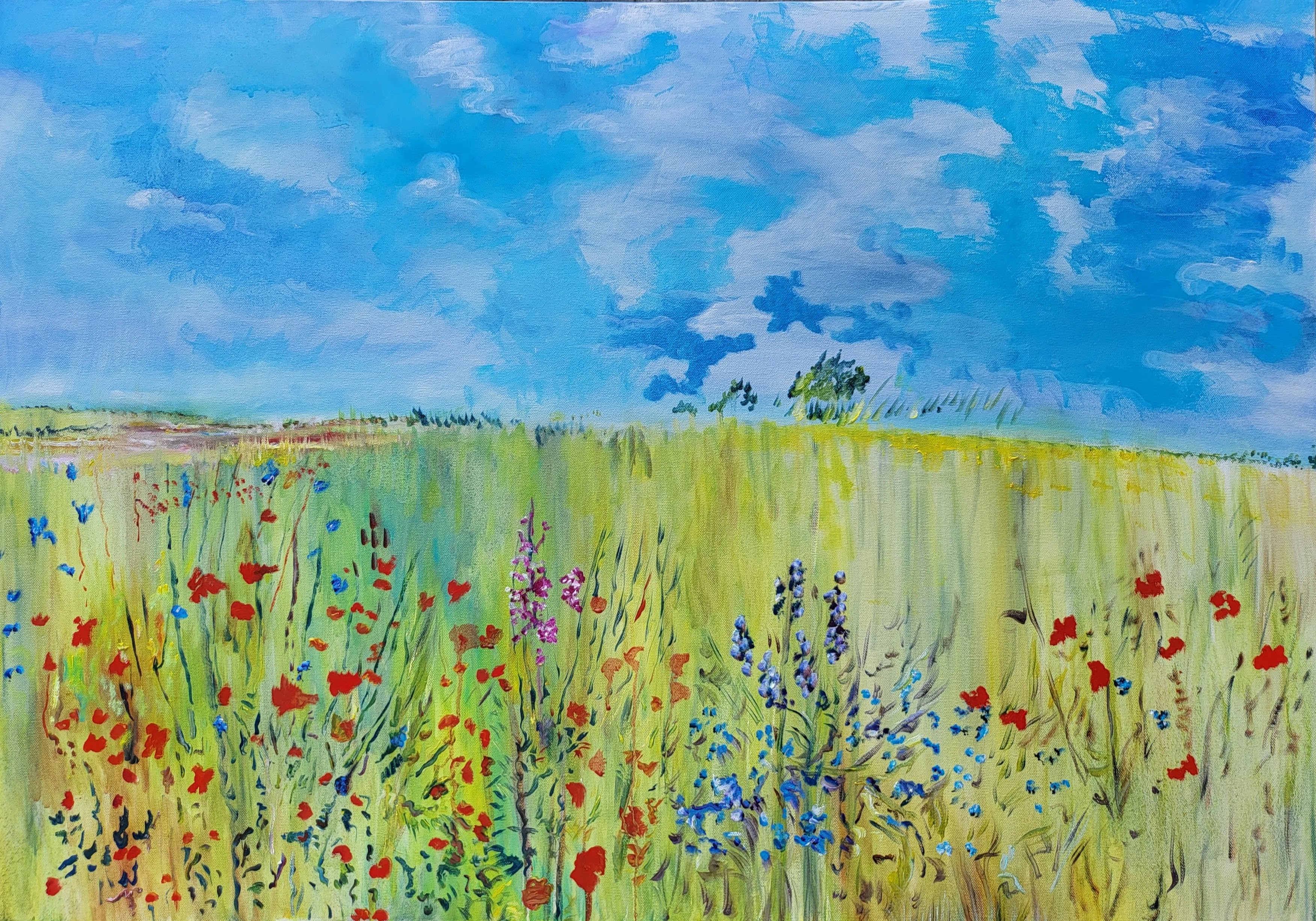 Myrna Higgins, "Blue Skies and Spring", oil on canvas, 70 x 100cm, c. 2022. Beautiful blue skies