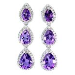 A pair of 925 silver drop earrings set with pear cut amethysts and white stones, L. 3.1cm.