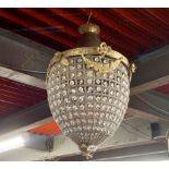 A brass and glass ceiling light fitting, H. 50cm.