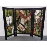 A stained and painted glass folding screen depicting owls among foliage, 146 x 107cm. A/F to top