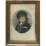 A large gilt framed 19th century watercolour portrait of a boy in a sailor's uniform, frame size