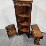 An oak veneered corner shelf together with an oak drop leaf side table and an oak magazine rack,