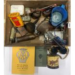 A box of mixed vintage motorcar related items.