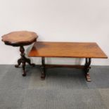 An oak coffee table together with an inlaid mahogany tea table, coffee table 106 x 54 x 47cm.