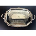 A large silver plated tray with engraved goat cartouche, W. 72cm.