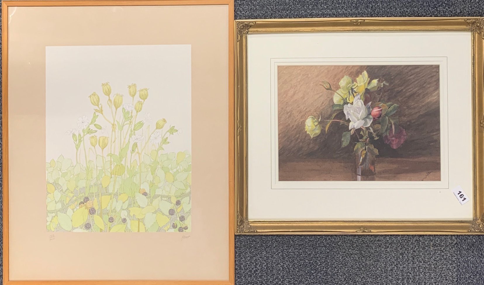 H. Clayton, a gilt framed still life watercolour, frame size 56 x 46cm, together with a limited