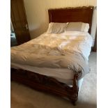 An impressive antique French carved mahogany and gilt double bed, bed head W. 151cm, mattress and