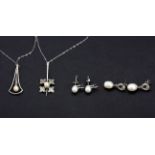 Two pairs of silver pearl and white stone set earrings together with two silver pearl set pendants
