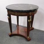 An early 20th century French marble topped mahogany empire style table with gilt decoration, H. 80cm