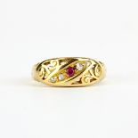 An antique Victorian 18ct yellow gold ring set with a ruby and diamonds, (M).