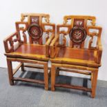 A pair of Chinese Qing dynasty ivory inlaid two hardwood scholars chairs, H. 92cm W. 57cm.